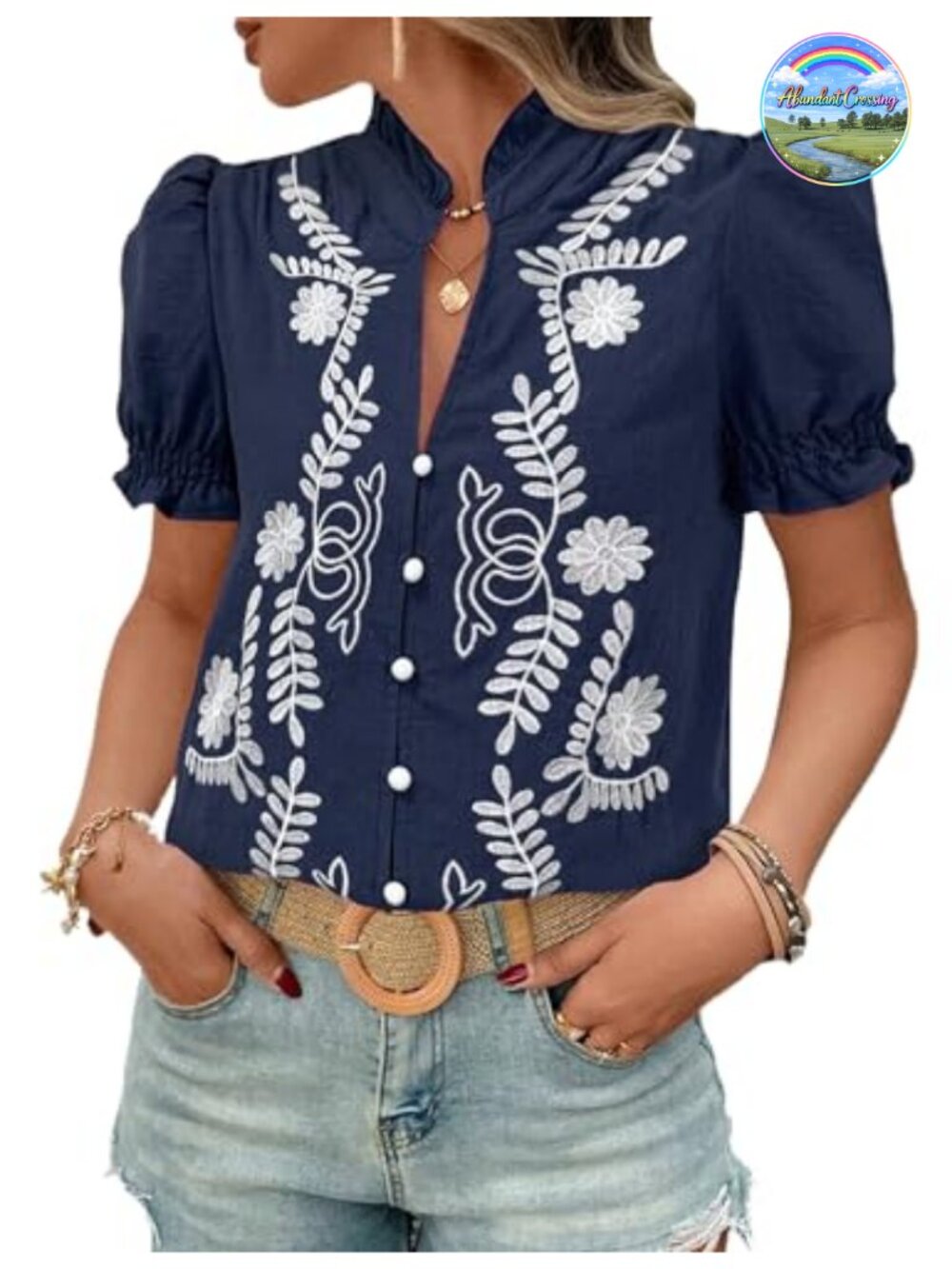 Womens Embroidered Button Down Blouse V Neck Puff Short Sleeve Summer Top